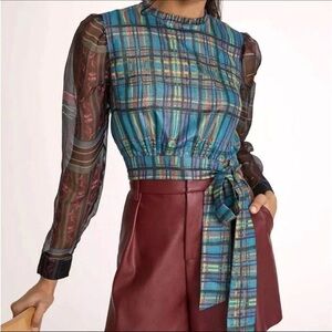 Roopa Pemmaraju for Anthropologie Shimmer Cotton and Silk Plaid Top Size Small